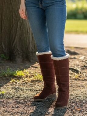 Bootlegger Classic Women's Tan Suede Winter Boots with Shearling Trim Canada